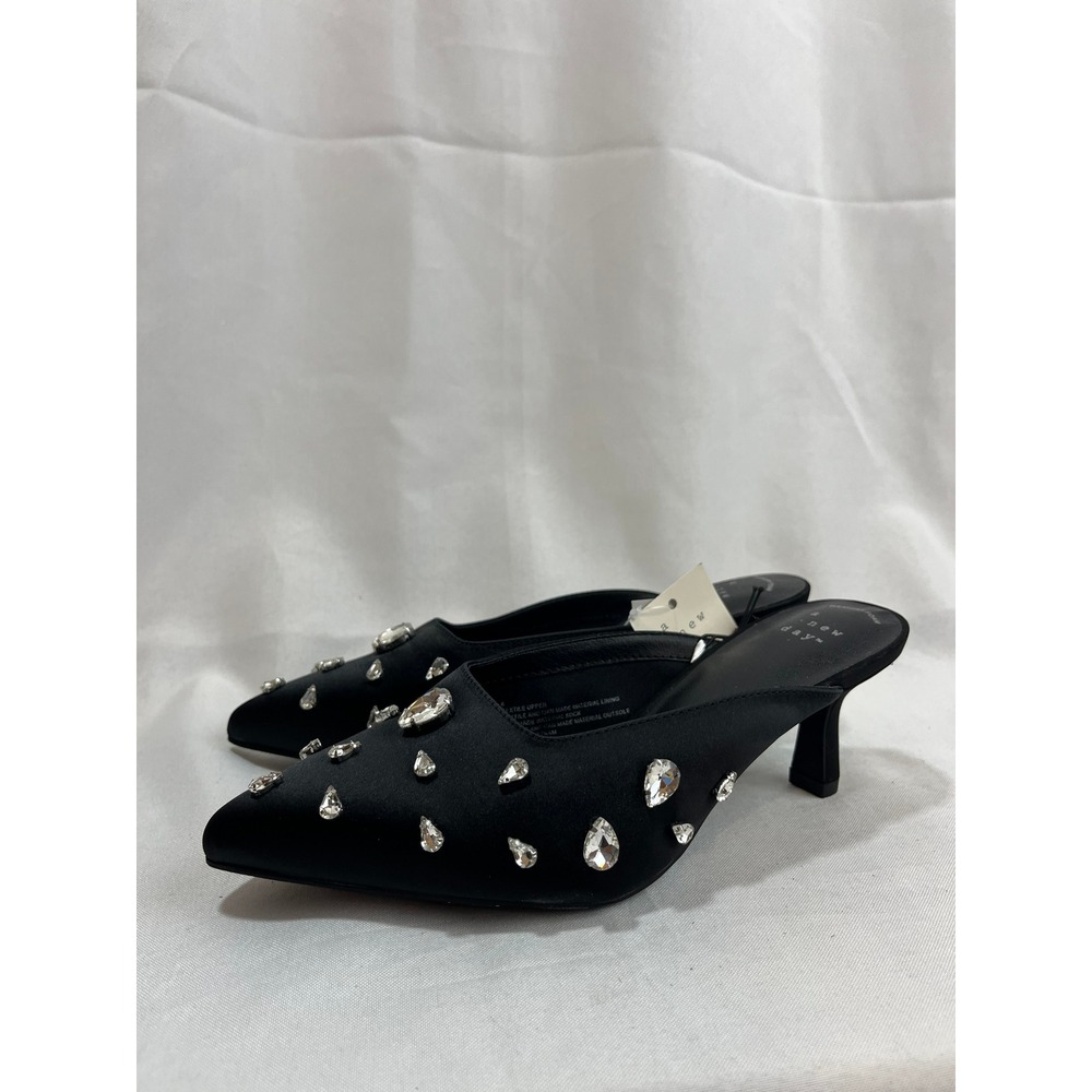A New Day Black Satin Rhinestone Embellished Point Toe Kitten Heel Mules Size 6